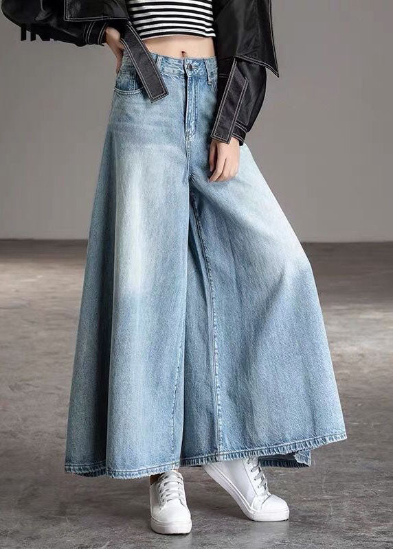 DIY Light Blue fashion Pockets Casual Wide Leg Fall Denim Pants