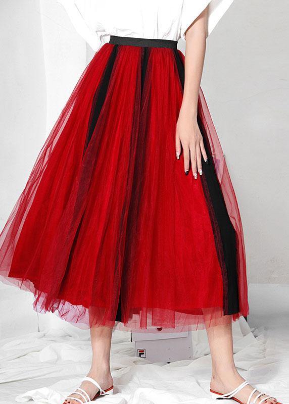 DIY Red High Waist Tulle Patchwork A Line Skirts - SooLinen