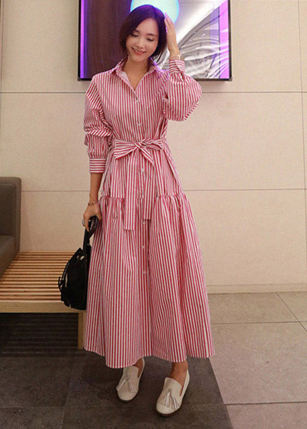 DIY Red Striped Peter Pan Collar Button Tie Waist Wrinkled Cotton Dress Long Sleeve