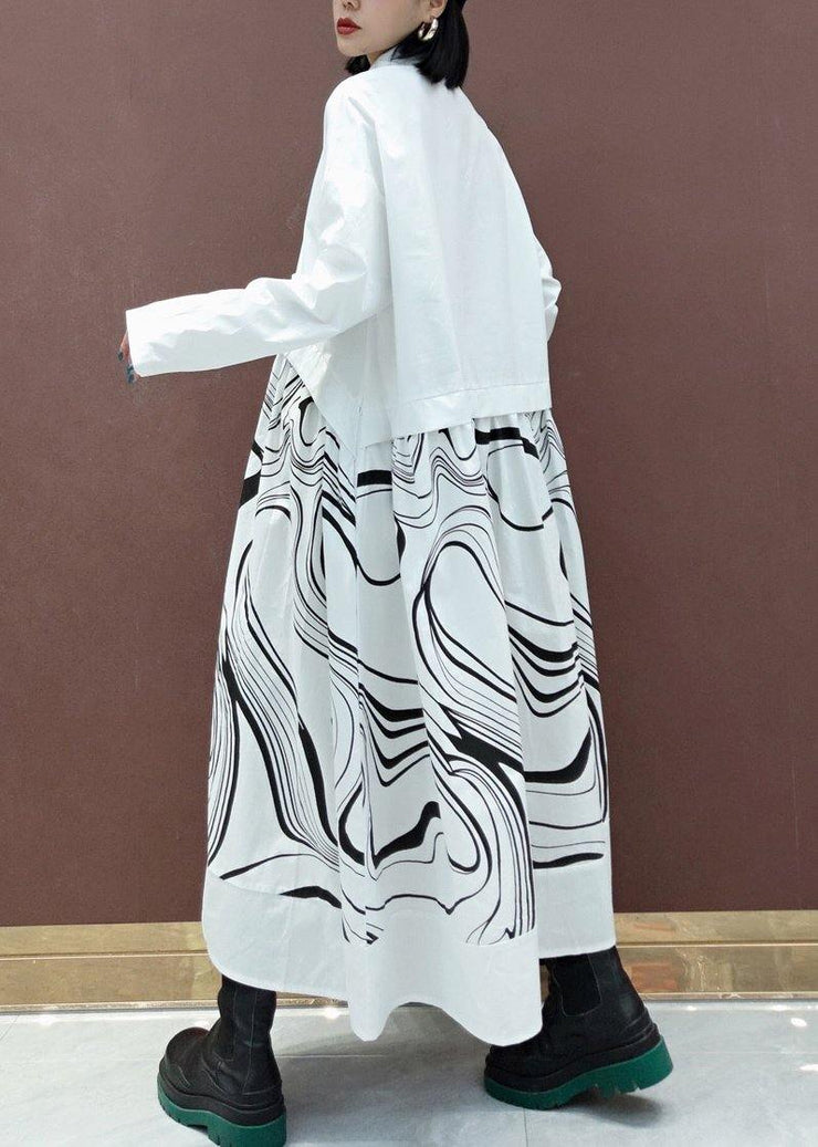 DIY White Print Clothes Lapel Patchwork Maxi Spring Dresses - SooLinen