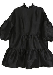 DIY black Cotton Tunics lantern sleeve elastic waist Dress - SooLinen