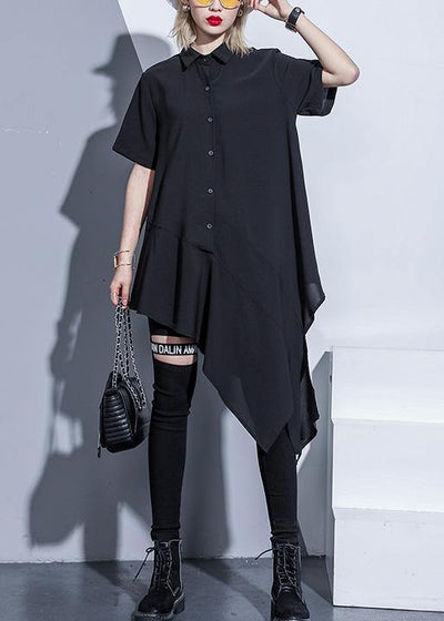 DIY black silk Cotton Tunics lapel asymmetric cotton summer shirt Dresses - SooLinen