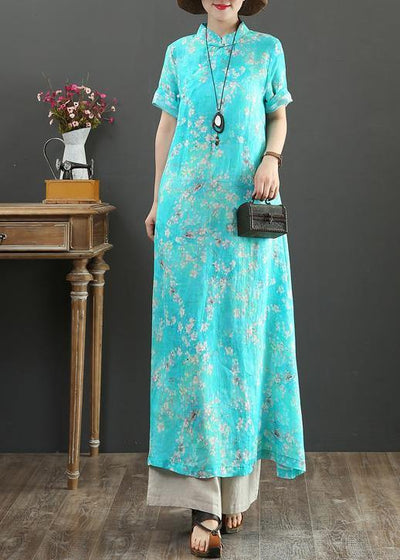 DIY blue print linen Robes stand collar Chinese Button Love summer Dress - SooLinen