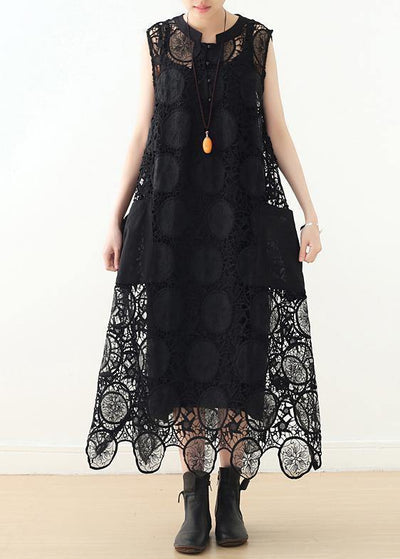 DIY hollow out cotton Long Shirts Runway black sleeveless Art Dress summer - SooLinen