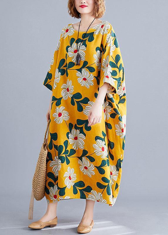 DIY o neck pockets linen cotton dress Tunic Tops yellow print Dresses - SooLinen