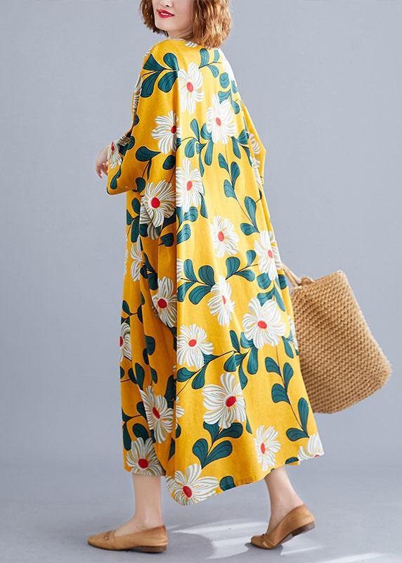 DIY o neck pockets linen cotton dress Tunic Tops yellow print Dresses - SooLinen