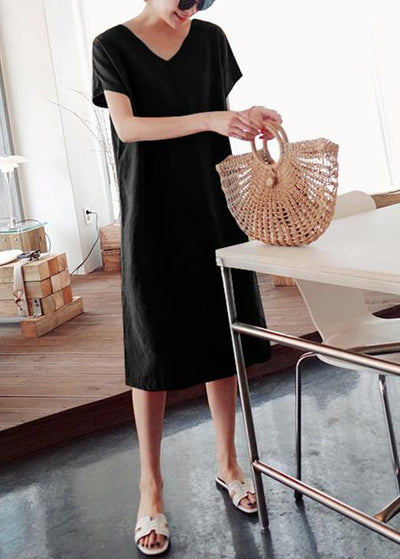 DIY o neck side open Cotton summer Tunics linen black Dress - SooLinen