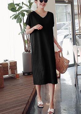 DIY o neck side open Cotton summer Tunics linen black Dress - SooLinen