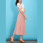 DIY pink elastic waist chiffon clothes big hem Traveling summer Dresses - SooLinen