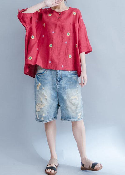 DIY red o neck cotton linen tunic pattern Photography embroidery summer shirts - SooLinen