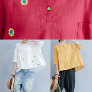 DIY red o neck cotton linen tunic pattern Photography embroidery summer shirts - SooLinen