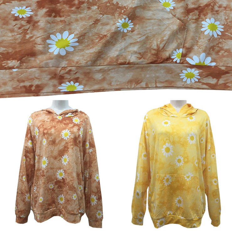 Daisy Print Tie Dye Hoodies Women Yellow Sweatshirts - SooLinen