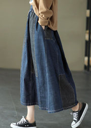 Dark Blue Denim Skirt Elastic Waist Button Spring