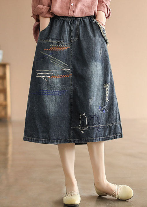 Dark Blue Elastic Waist Embroideried Cotton Denim Ripped Skirts Summer