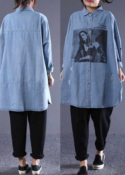 Denim Blue Loose Long Sleeve Women Shirt