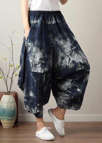 Diy Denim Blue Elastic Waist Cotton Linen Summer Harem Pants - SooLinen