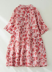 Diy Red Stand Collar Print Button Linen Holiday Cinch Dress Half Sleeve