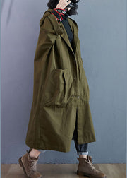 Elegant Army Green Pockets Button Fall Hooded Long sleeve Trench Coats