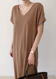 Elegant Chocolate Side Open Cotton Short Sleeve Long Dresses