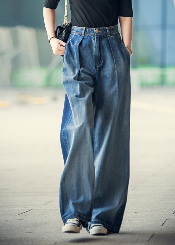 Elegant Denim Blue High Waist Pockets Button Cotton Loose Wide Leg Pants Spring