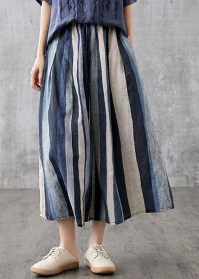 Elegant Navy Retro Striped A Line Summer Skirts Linen - SooLinen