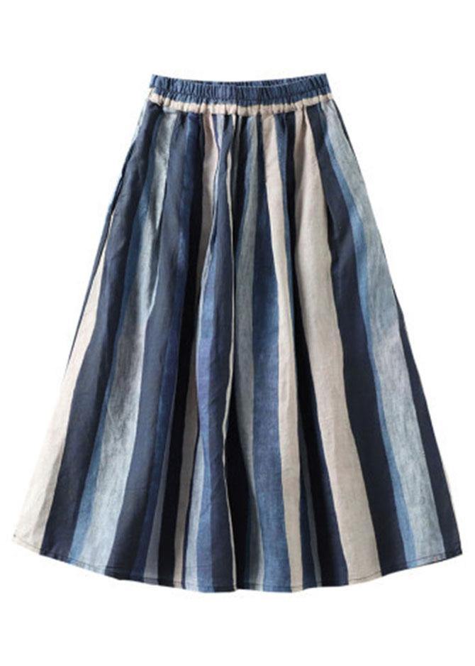 Elegant Navy Retro Striped A Line Summer Skirts Linen - SooLinen