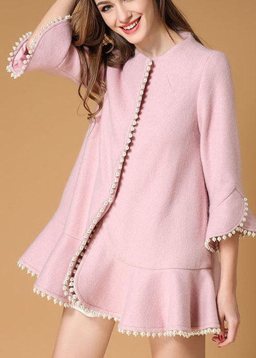 Elegant Pink Pockets Nail bead fashion Fall Woolen Coat