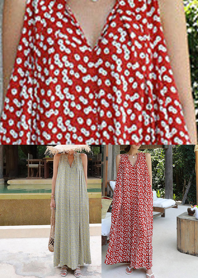 Elegant Red Colour O-Neck Print Pockets Chiffon Jumpsuits Pants Summer