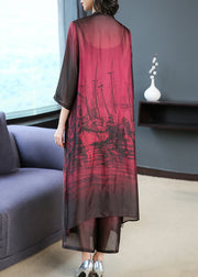 Elegant Red V Neck Print Silk Long Shirt Dress And Pants Two Pieces Set Summer