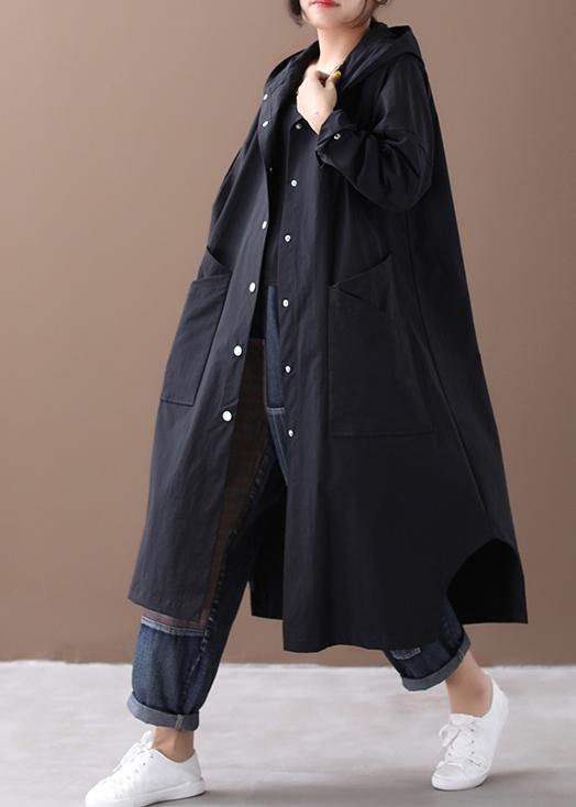 Elegant black Fashion box coat Inspiration hooded Large pockets outwears - SooLinen