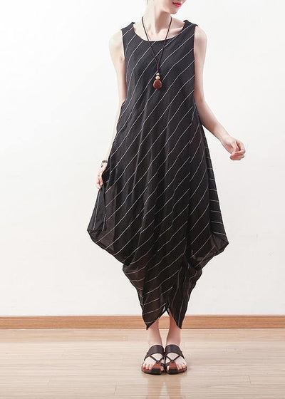 Elegant black sleeveless linen Robes asymmetric Maxi summer Dresses - SooLinen