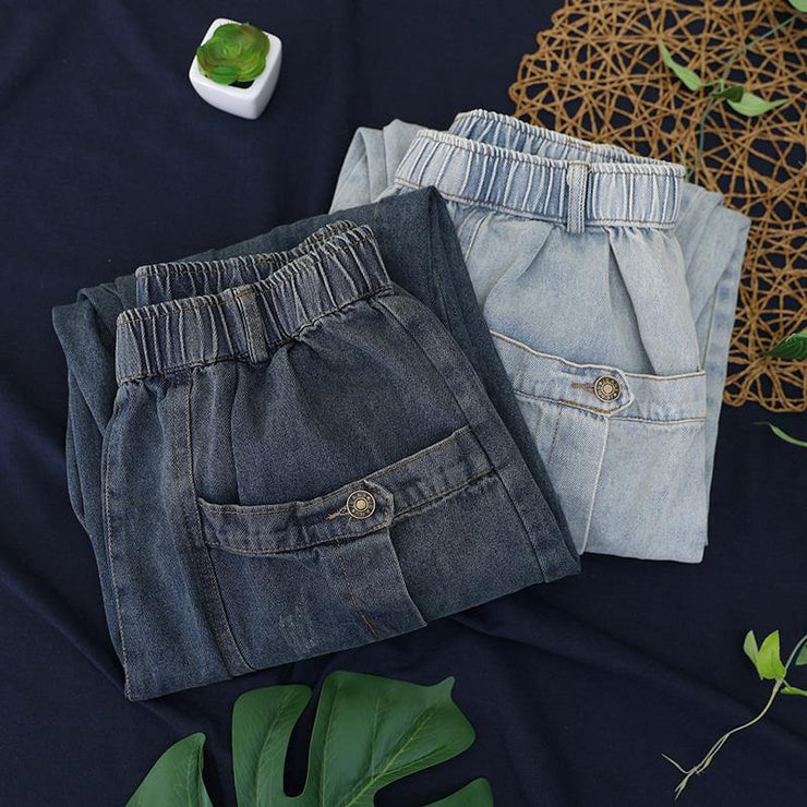 Elegant dark denim blue trousers  summer pockets Cotton shorts - SooLinen