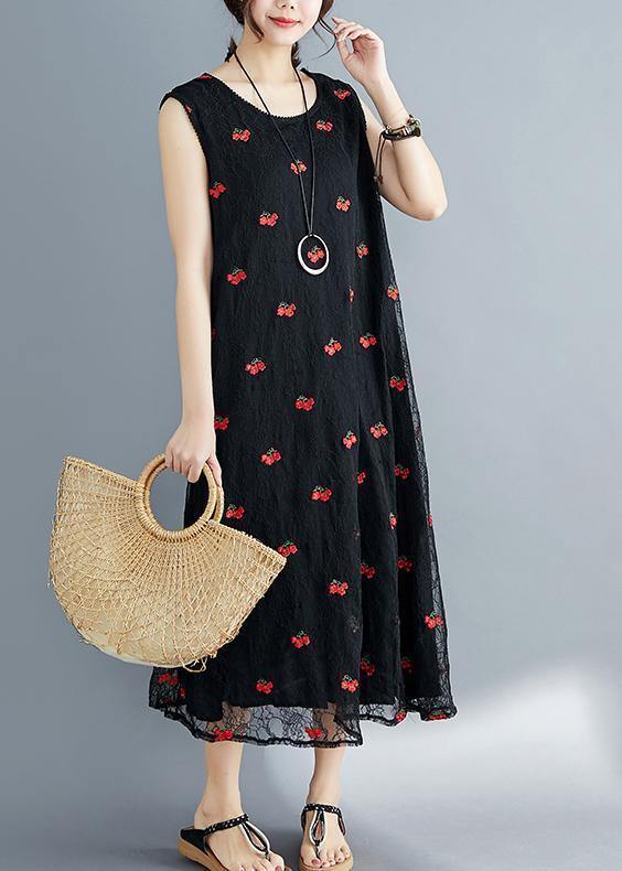 Elegant embroidery lace clothes Sleeve black Dress summer sleeveless - SooLinen