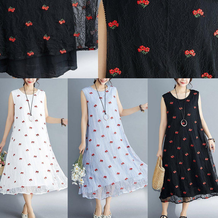 Elegant embroidery lace clothes Sleeve black Dress summer sleeveless - SooLinen