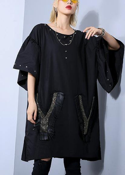 Elegant o neck Batwing Sleeve Cotton clothes Stitches Fashion Ideas black Dress Summer - SooLinen