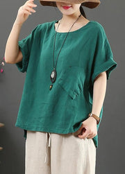 Elegant o neck pockets linen cotton summer shirts women green Art tops - SooLinen