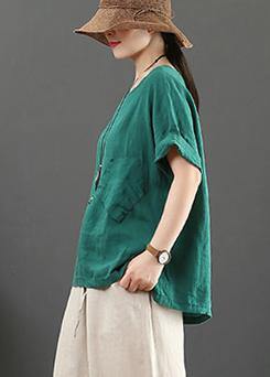 Elegant o neck pockets linen cotton summer shirts women green Art tops - SooLinen