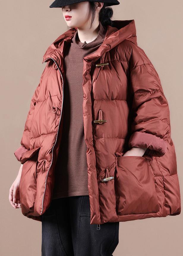 Elegant red warm winter coat Loose fitting womens parka hooded pockets Warm overcoat - SooLinen