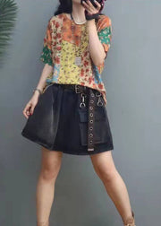 Elegant Print O-Neck Cotton Top Short Sleeve