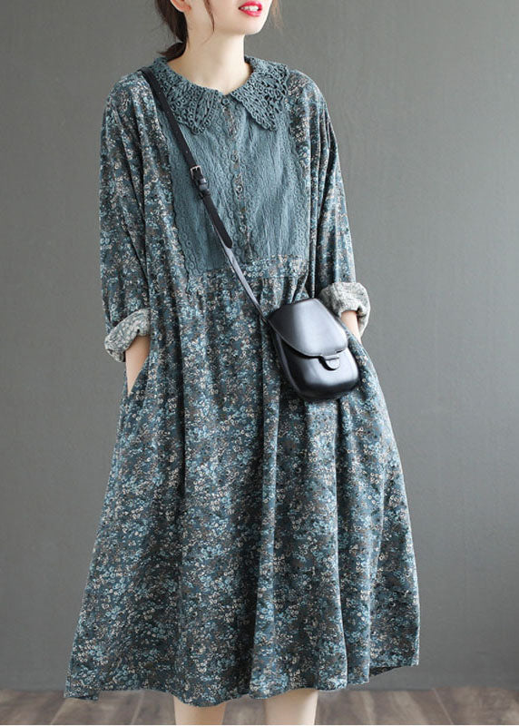 Fashion Blue Cute Button Print Fall Dress Long sleeve