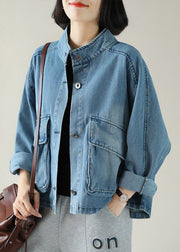 Fashion Blue Stand Collar Button Big Pockets Denim Coat Long Sleeve