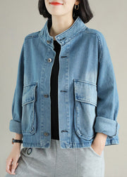 Fashion Blue Stand Collar Button Big Pockets Denim Coat Long Sleeve