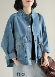 Fashion Blue Stand Collar Button Big Pockets Denim Coat Long Sleeve