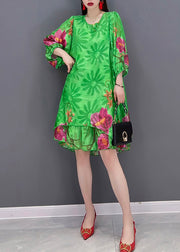 Fashion Green O Neck Print Chiffon tops and shorts two pieces Three Quarter sleeve