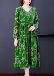 Fashion Green Ruffled Patchwork Velour Dresses Spring