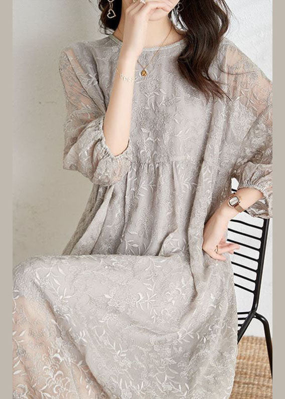 Fashion Light Grey Cinched Embroideried Chiffon Vacation Dresses Three Quarter sleeve