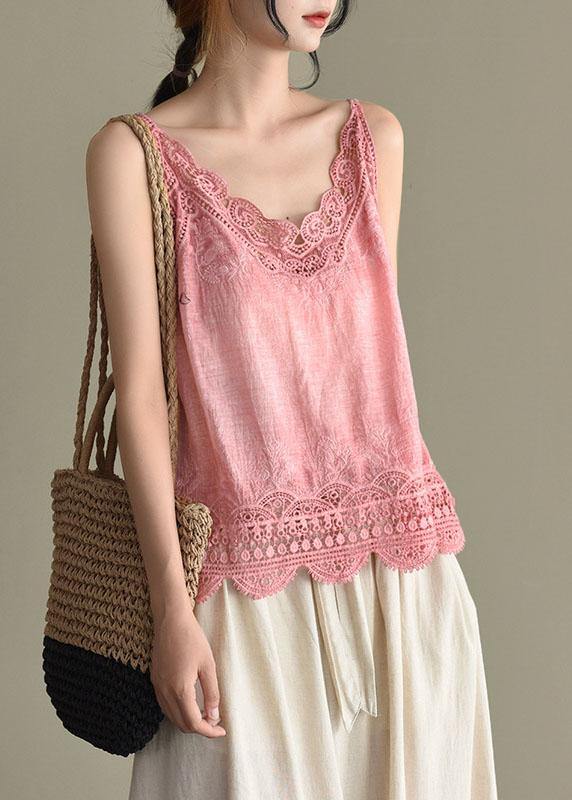 Fashion Pink Embroideried Lace Hollow Out Summer Cotton Vest Sleeveless - SooLinen