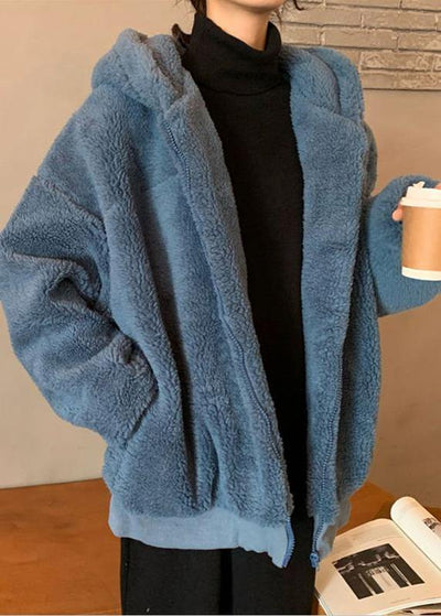 Fashion blue woolen overcoat Loose fitting mid-length coats hooded winter outwear - SooLinen