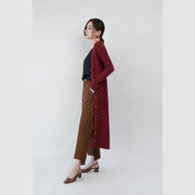 Fashion burgundy maxi coat Loose fitting V neck  long coat Fine pockets coats