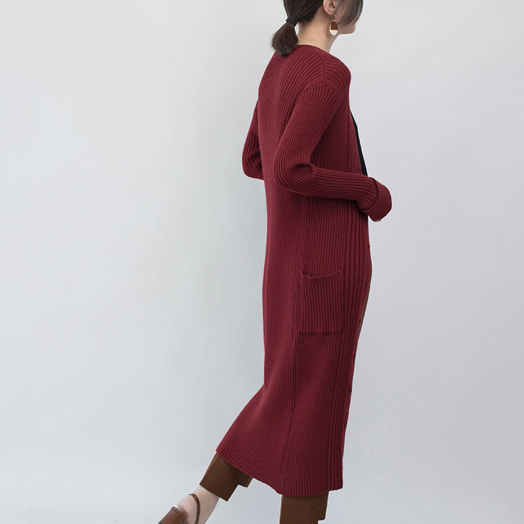 Fashion burgundy maxi coat Loose fitting V neck  long coat Fine pockets coats